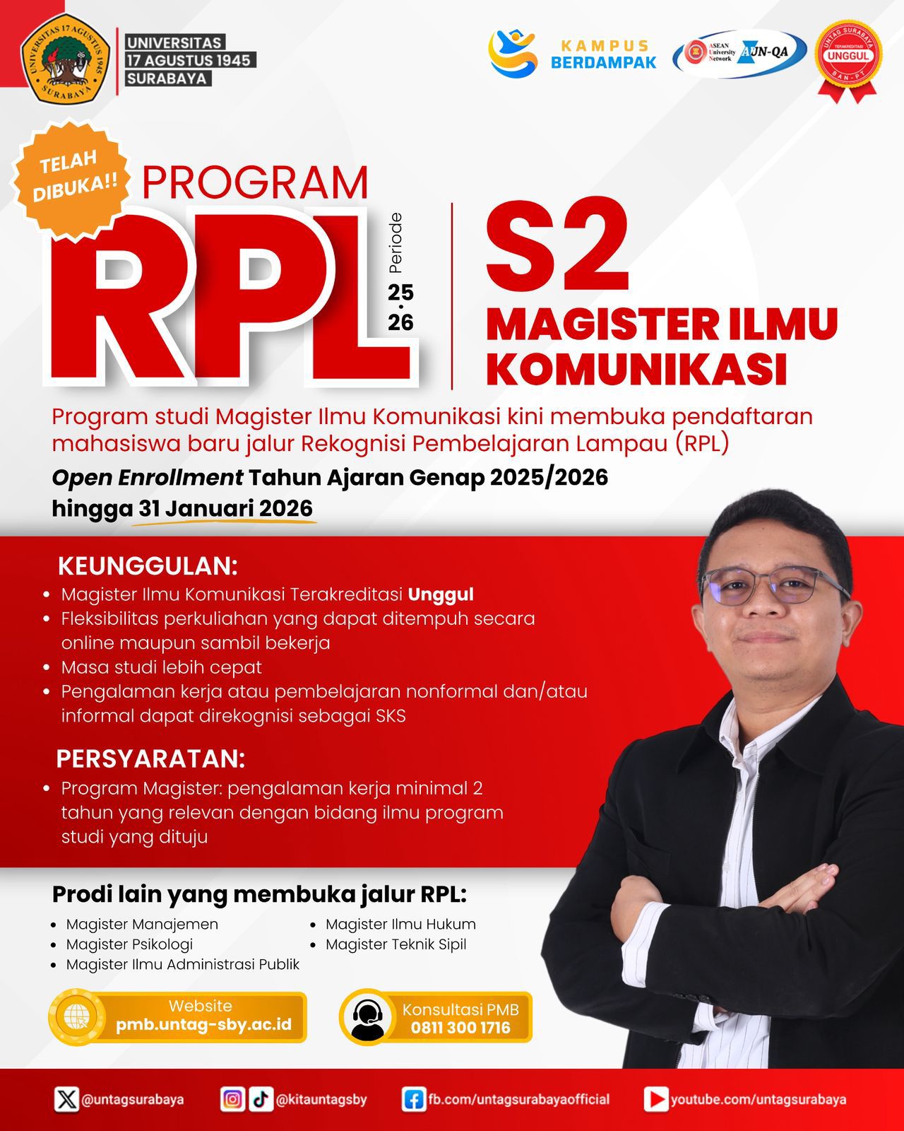 Untag Surabaya membuka Program RPL (Rekognisi Pembelajaran Lampau) untuk S2 Magister Ilmu Komunikasi