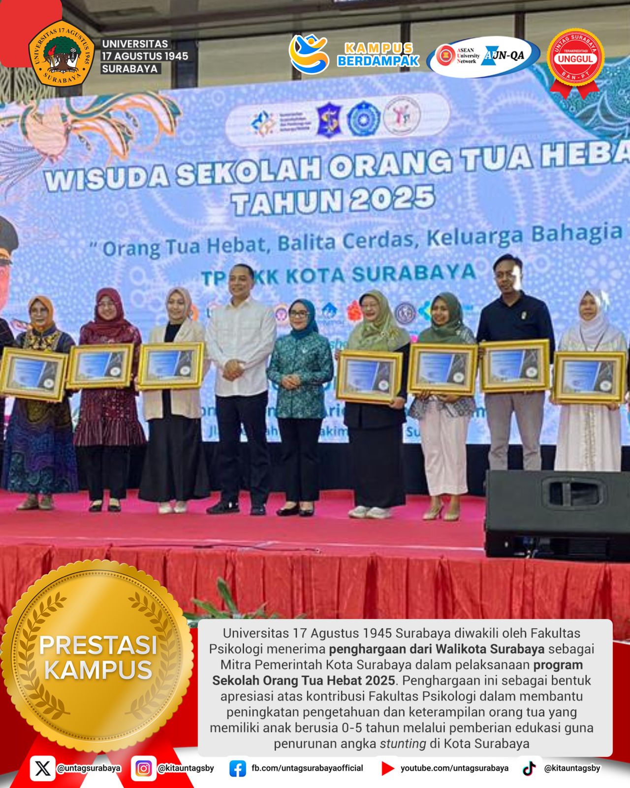 Selamat dan sukses kepada Fakultas Psikologi Untag Surabaya atas penghargaan dari Walikota Surabaya sebagai mitra Pemerintah Kota Surabaya dalam progr