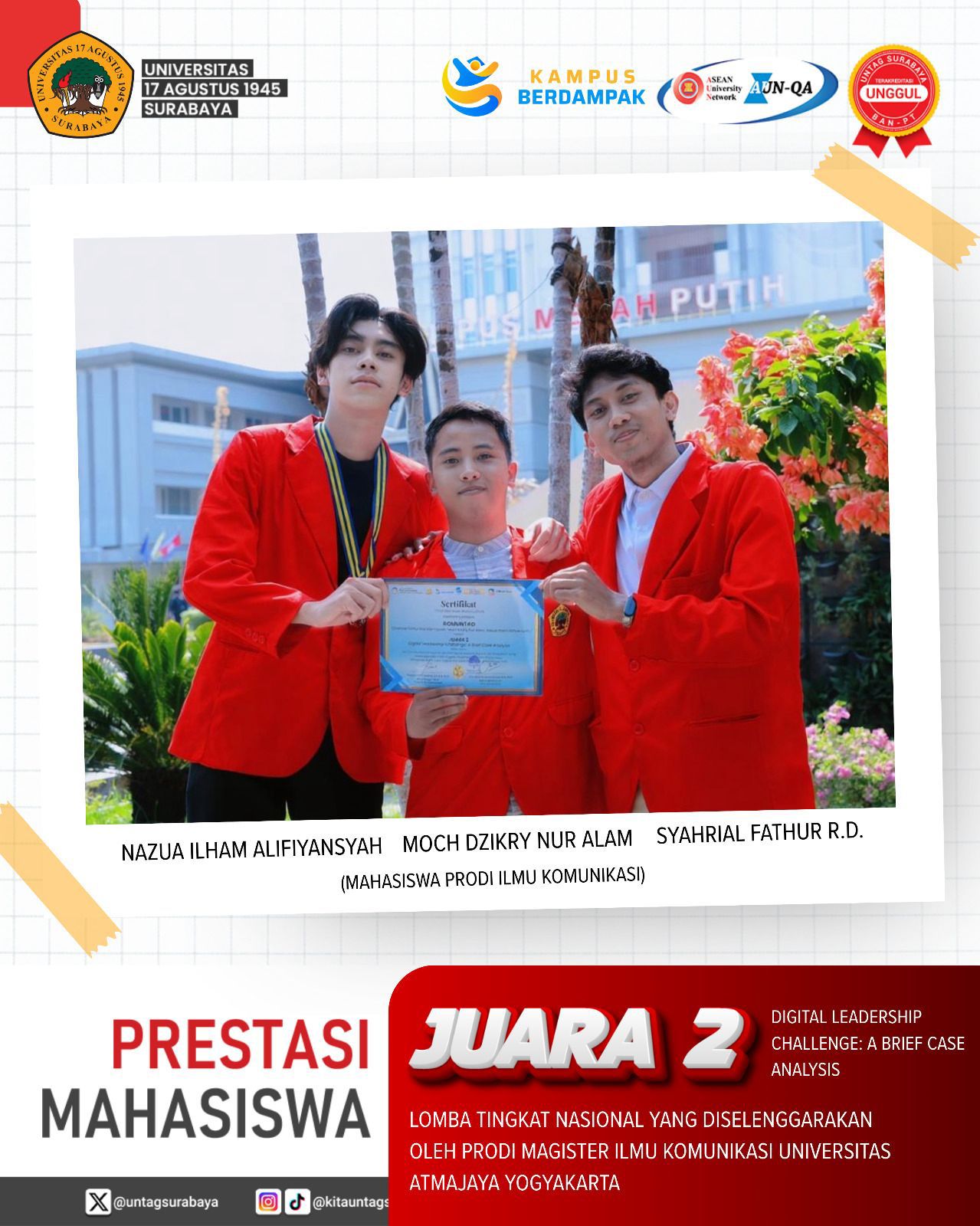 Juara 2 Tingkat Nasional dalam ajang Digital Leadership Challenge: A Brief Case Analysis yang diselenggarakan oleh Program Studi Magister Ilmu Komunik