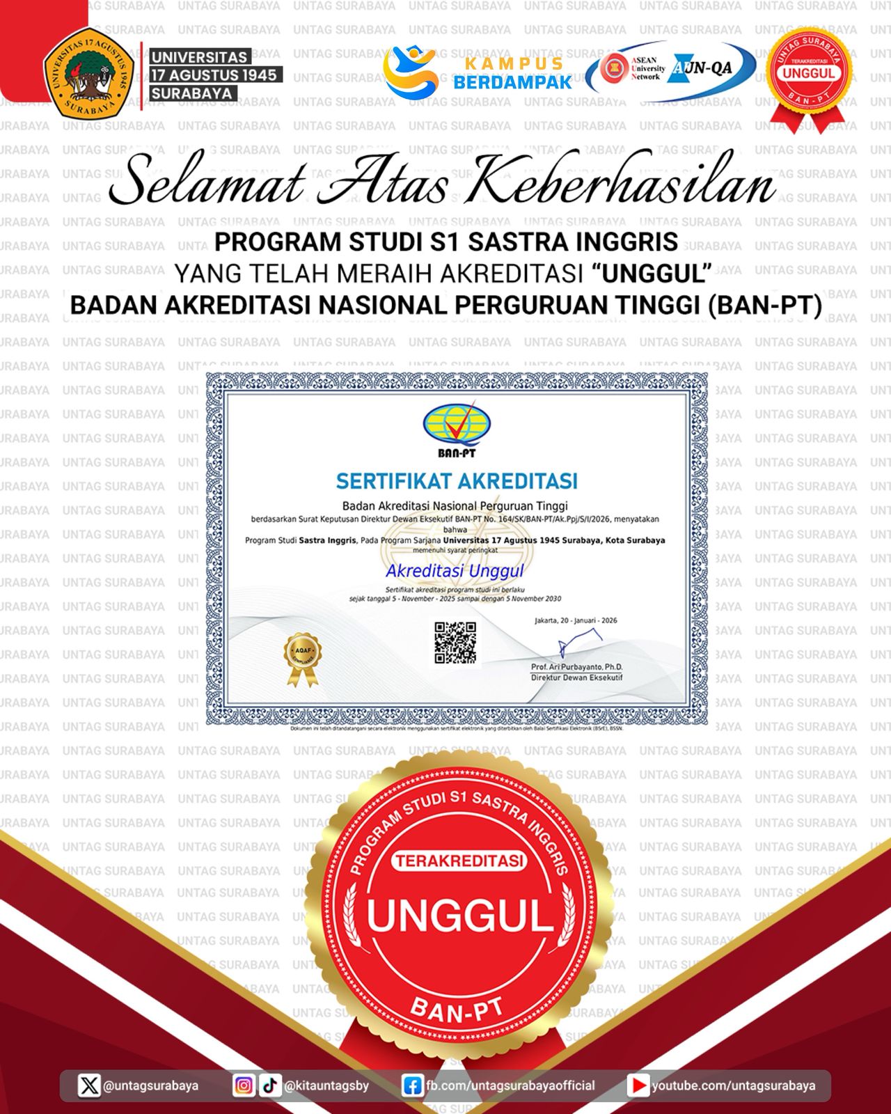 Program studi S1 Sastra Inggris Untag Surabaya yang telah resmi meraih Akreditasi Unggul dari Badan Akreditasi Nasional Perguruan Tinggi (BAN-PT)